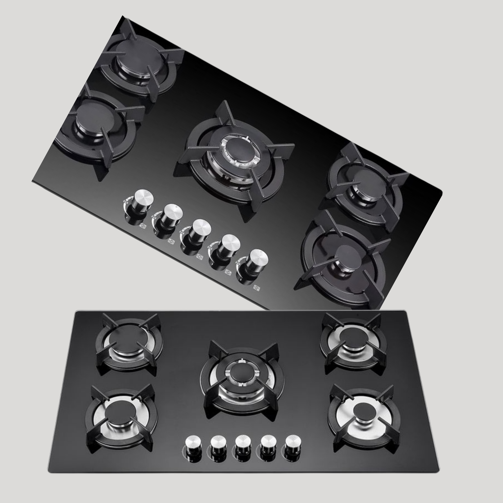 Luxury 5-Burner Black Glass Gas Cooktop with Wok Burner & Cast Iron Grates